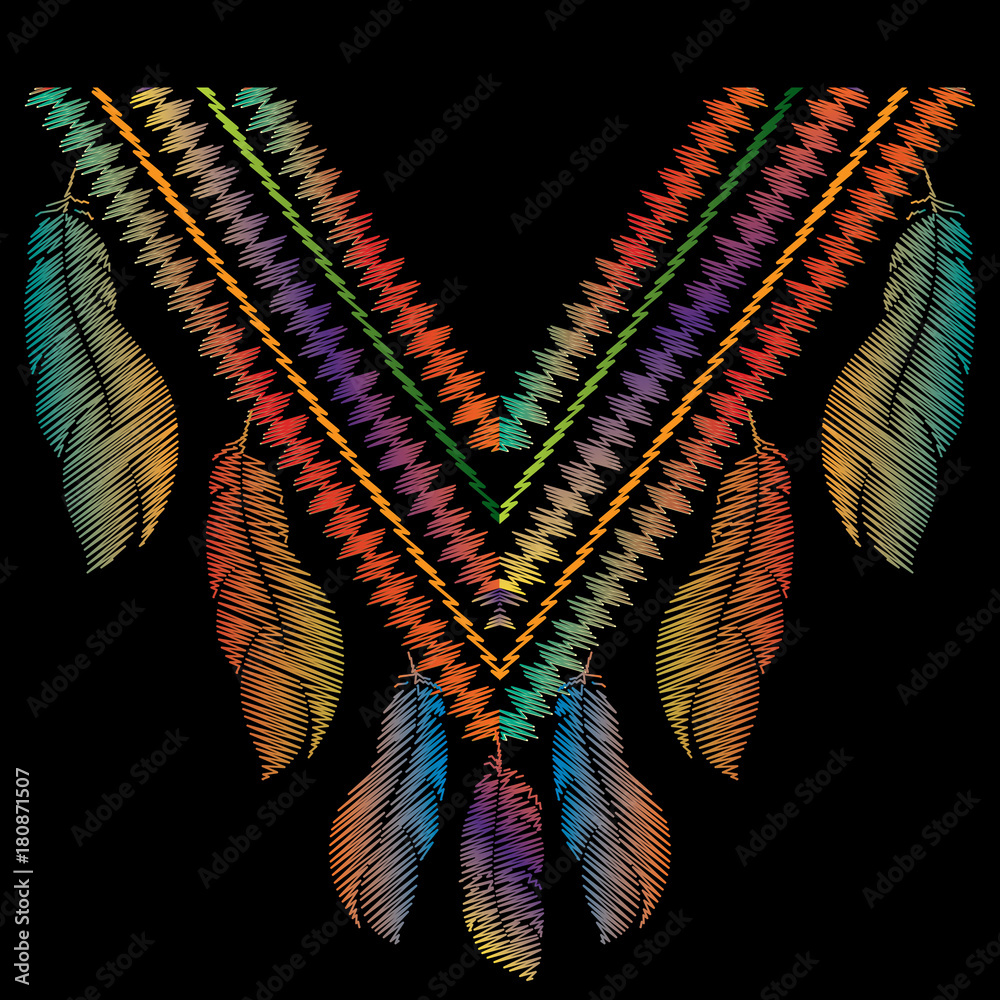Mexican embroidery neckline pattern. Vector colorful ethnic background with  tapestry line art tracery stripes, borders, feathers ornament. Tribal  embroidered texture. Grunge neck design for fashion Stock Vector | Adobe  Stock