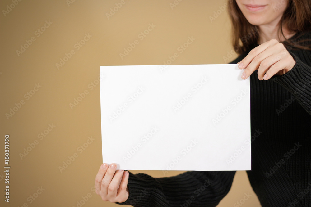 Girl Holding White A4 Blank Paper Leaflet Presentation Pamphlet Hold Hands Woman Show Clear 4022