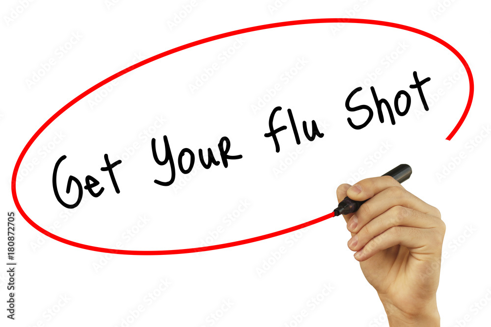 Man Hand writing Get Your Flu Shot with black marker on visual screen. Isolated on white. Business, technology, internet concept. Stock Photo Man Hand writing Get Your Flu Shot with black marker on visual screen. Isolated on white. Business, technology, internet concept. Stock Photo