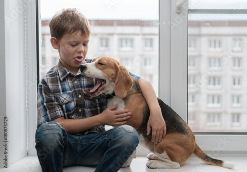European boy and Beagle dog on the windowsill