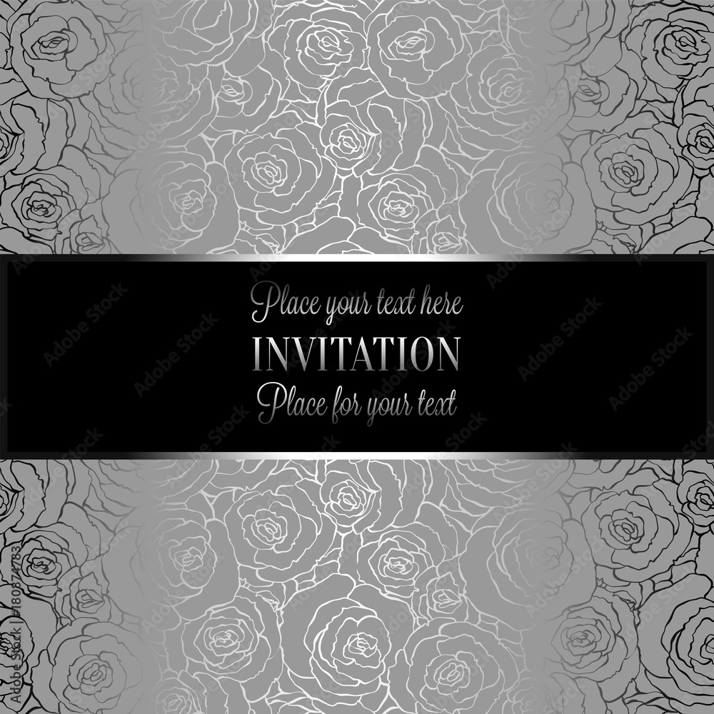 Abstract background with roses, luxury metal silver vintage tracery made of , damask floral wallpaper ornaments, invitation card, baroque style booklet, fashion pattern, template for design