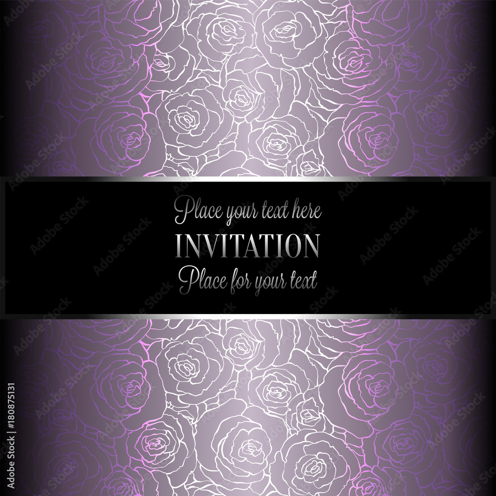 Romantic background with antique, luxury black, metal lilac vintage card, victorian banner, rose flower wallpaper ornaments, invitation card, baroque style booklet with text
