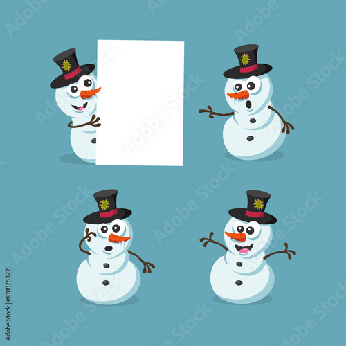 Illustration of cute snowman figures isolated on light blue background. Christmas character.