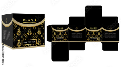 Packaging design, black and gold luxury box design template and mockup box. Illustration vector.