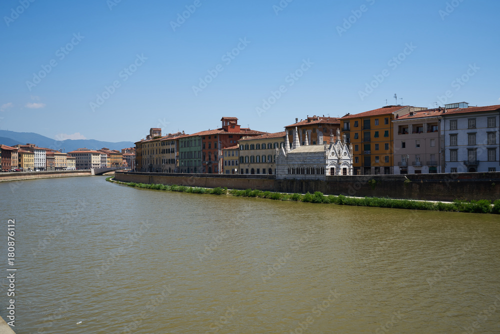 View of Pisa and Arno River from Ponte della Cittadella bridge