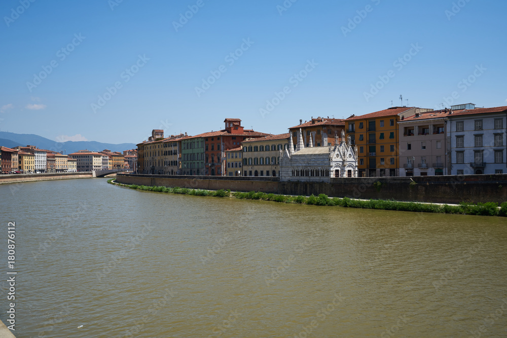 View of Pisa and Arno River from Ponte della Cittadella bridge View of Pisa and Arno River from Ponte della Cittadella bridge
