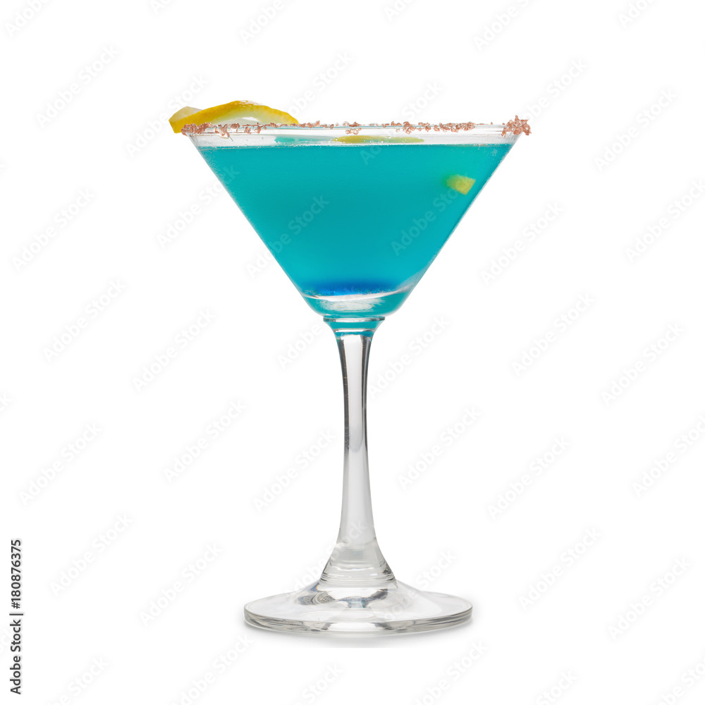 Blue Hawaiian Cocktail in a martini glasses, isolated on white back ground