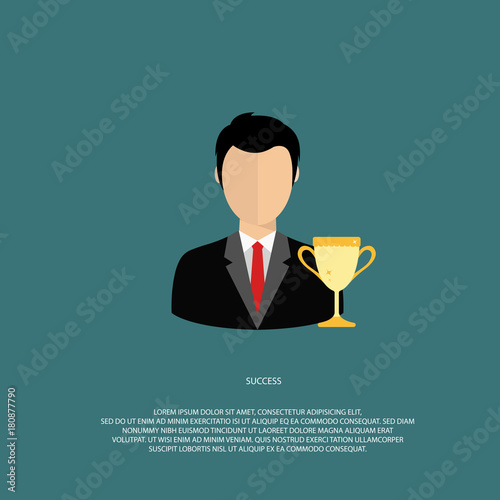 Success vector concept. Man in suit with gold trophy. Flat vector illustration.