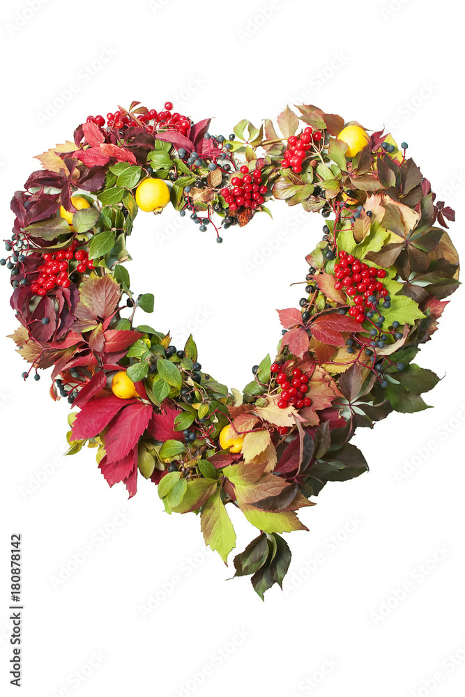 Autumnal wreath in the shape of heart from colored leaves of grapes, berries, quince, isolated on white background.