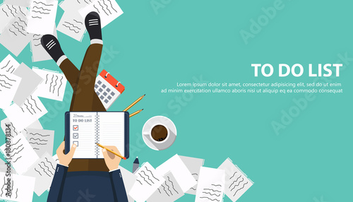 To do list concept. Man sitting on the floor with pile of papers and planner book in his lap. Flat vector illustration