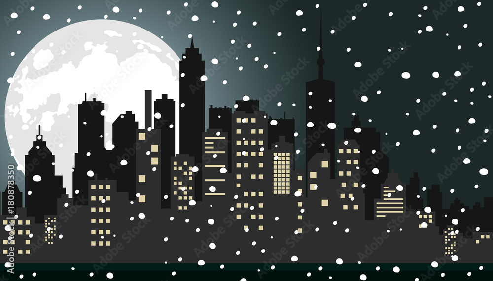 City at night, winter. Flat vector illustration