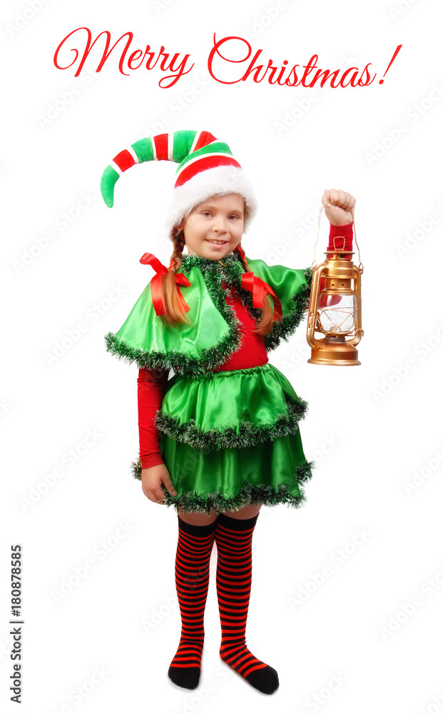 Girl in suit of Christmas Elf with Lamp on white