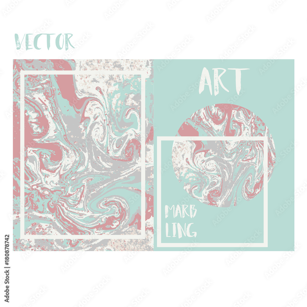Marbled pink and mint modern abstract background. Liquid marble pattern. Vector fluid texture. Business template design.