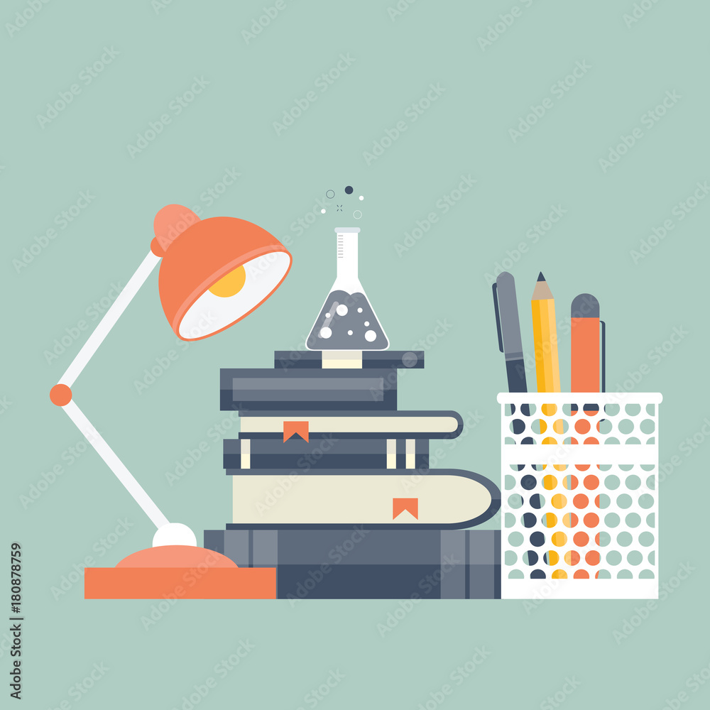 Office work. Studying equipment and work space. Flat vector illustration