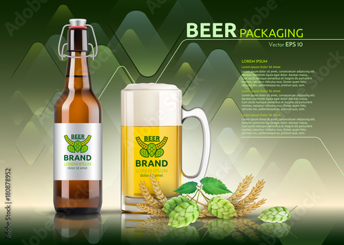 Vector Realistic beer bottle and glass. Brand packaging template. Logo designs. Green backgrounds