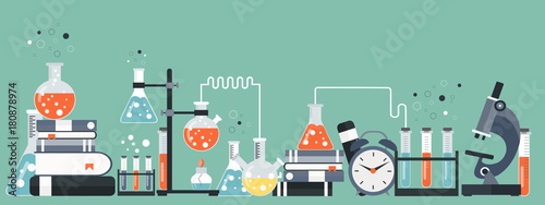 Laboratory equipment banner. Concept for science, medicine and knowledge. Flat vector illustration photo