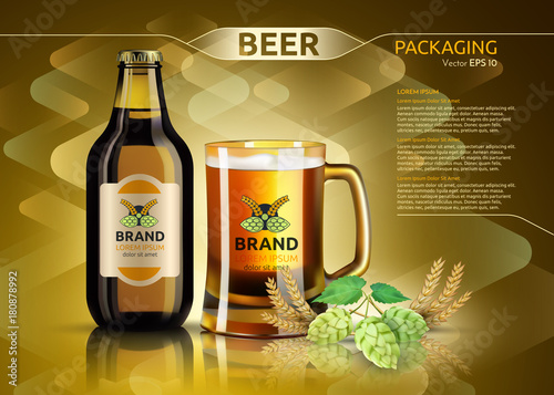 Vector Realistic beer bottle and glass. Brand packaging template. Logo designs. Gold backgrounds