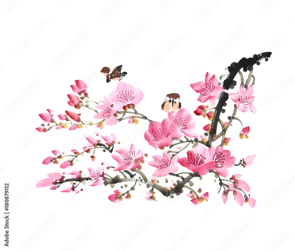 Naklejka Chiński obraz kwiatów, brzoskwiniowy kwiat na białym tle
