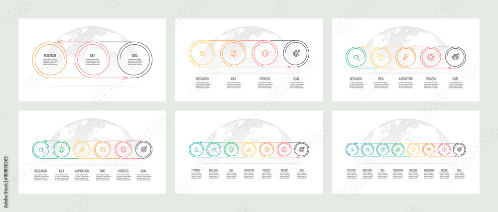 Business process. Timelines with 3, 4, 5, 6, 7, 8 options, circles. Vector templates.