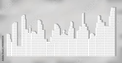 White silhouette of city landscape with skyscrapers and towers, shadow on gray background. Vector illustration.