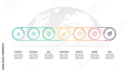 Business process. Timeline with 7 options, circles. Vector template.