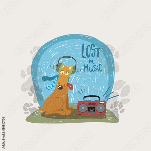 Funny cartoon dog in headphone listen to music, vector illustration