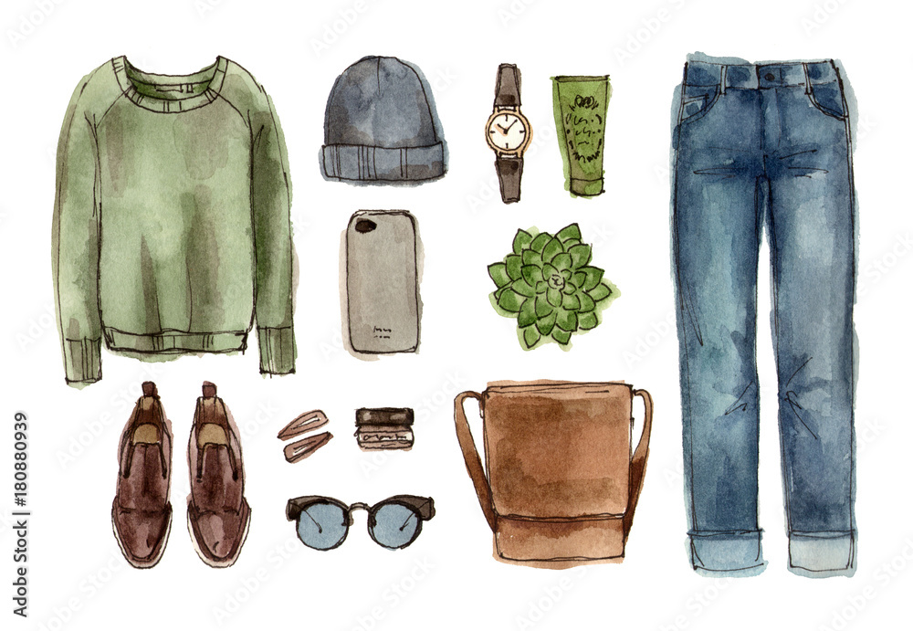 Naklejka premium sketch autumn outfit. hand drawing watercolor fashion illustration. set of isolated elements.