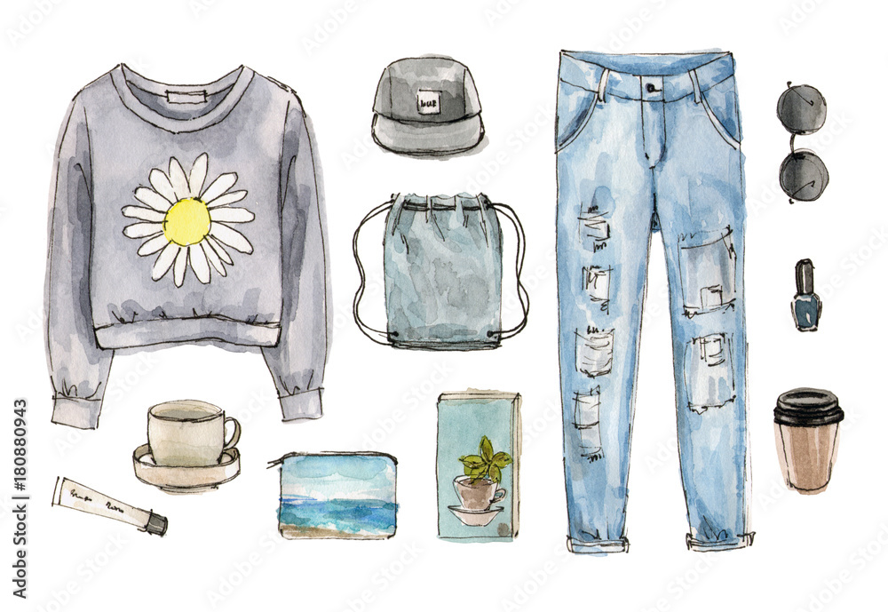 sketch casual outfit. hand drawing watercolor fashion illustration. set of  isolated elements. Stock Illustration | Adobe Stock