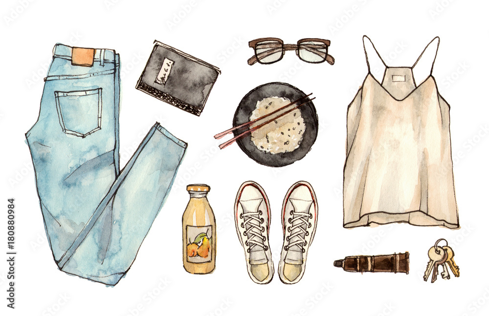 Watercolor Fashion Sketch Summer Woman Outfit Clothes Accessories Isolated  Elements Stock Illustration by ©alenaganzhela #251660740