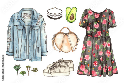 watercolor hand drawing sketch fashion outfit, a set of clothes and accessories. casual style. 90s old school style. isolated elements