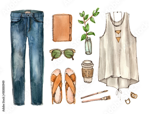 sketch summer outfit. hand drawing watercolor fashion illustration. set of isolated elements.