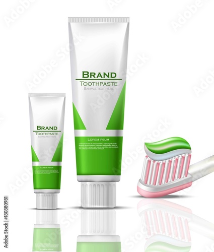 Toothpaste realistic Vector packaging mock up. Green bio products tubes and b...