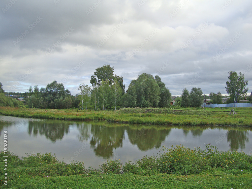 rural pond with green grass and trees under a cloudy sky - obrazy, fototapety, plakaty 