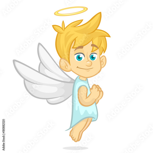 Vector cartoon illustration of Christmas angel with nimbus and wings prays