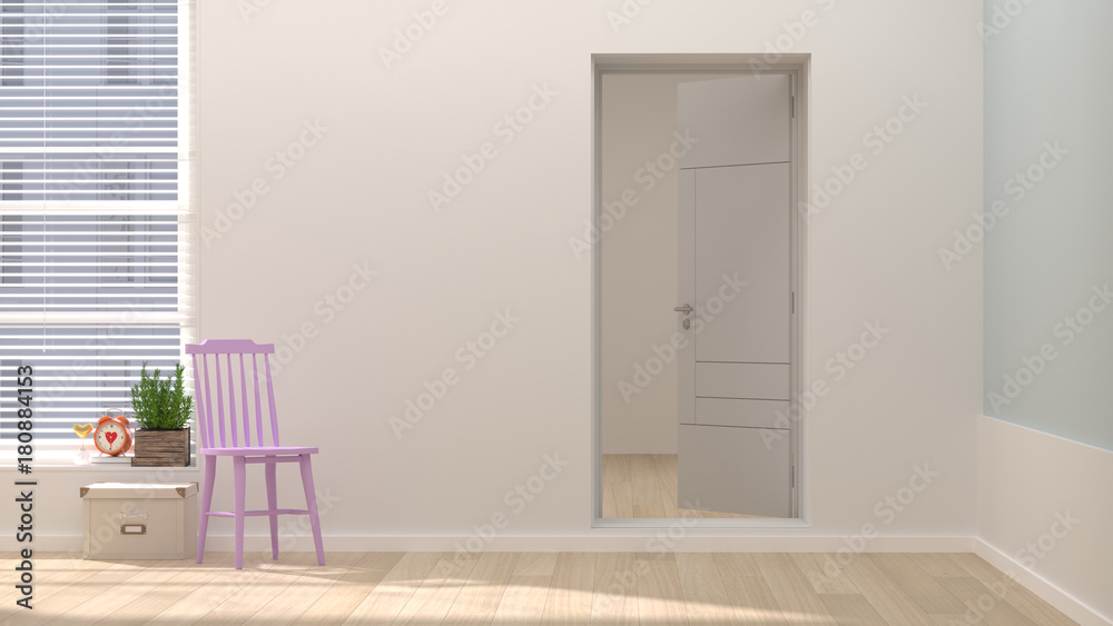 White chair in front of clean wall simple home 3d rendering and sunlight simple home interior design feeling comfortable White chair in front of clean wall simple home 3d rendering and sunlight simple home interior design feeling comfortable