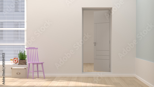 White chair in front of clean wall simple home 3d rendering and sunlight simple home interior design feeling comfortable