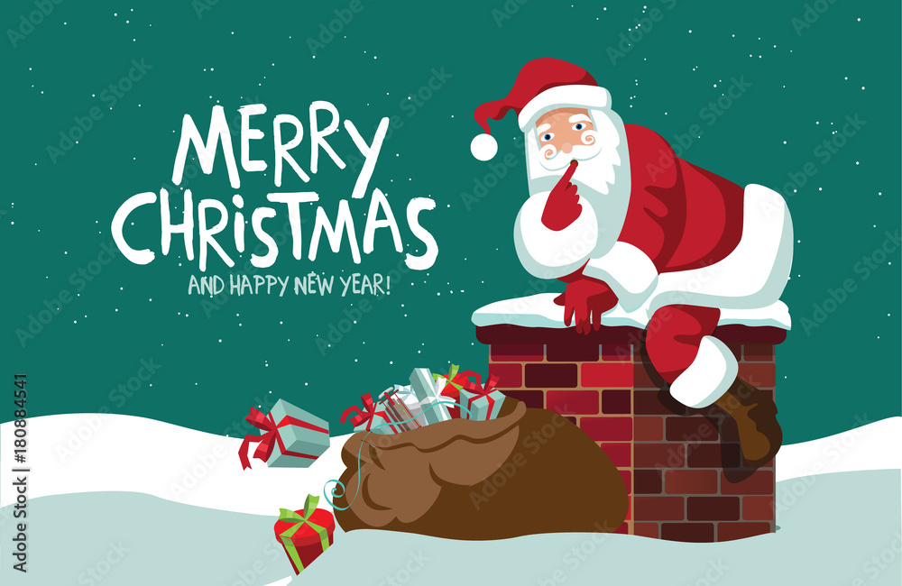 Vecteur Stock Merry Christmas design. Cartoon Santa Claus climbing into the  chimney to deliver his sack of gifts. EPS 10 vector. | Adobe Stock