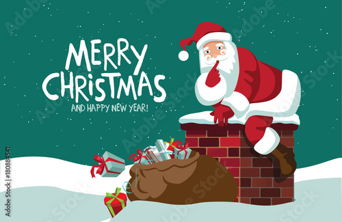 Merry Christmas design. Cartoon Santa Claus climbing into the chimney to deliver his sack of gifts. EPS 10 vector.