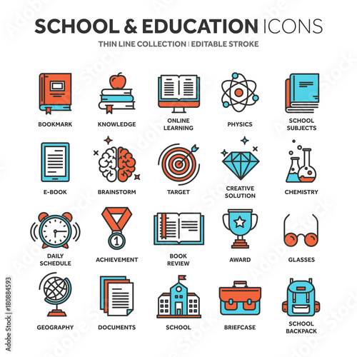 School education, university. Study, learning process. Oline lessons, tutorial. Student knowledge. History book.Thin line web icon set. Outline icons collection.Vector illustration.