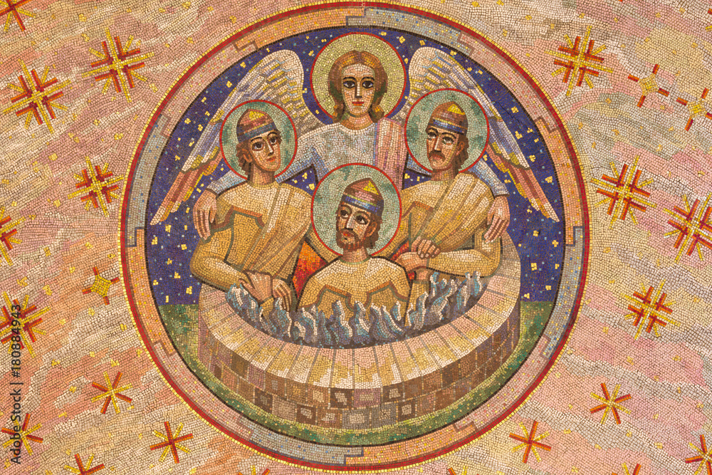 LONDON, GREAT BRITAIN - SEPTEMBER 17, 2017: Mosaic of Shadrach, Meshach, and Abednego in a fiery furnace in Westminster cathedral designed by Boris Anrep (middle 20. cent.).