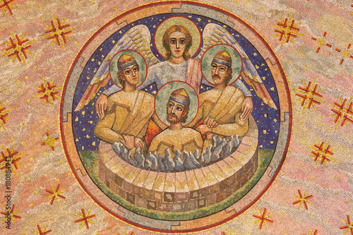 LONDON, GREAT BRITAIN - SEPTEMBER 17, 2017: Mosaic of Shadrach, Meshach, and Abednego in a fiery furnace in Westminster cathedral designed by Boris Anrep (middle 20. cent.).