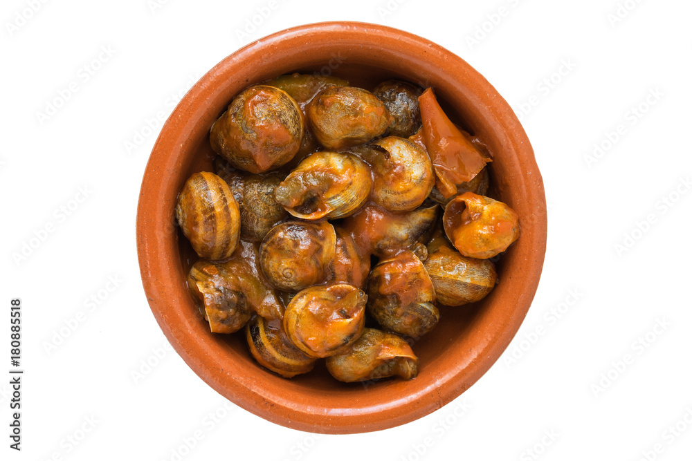 Snails with tomato sauce in clay pot. White isolated. Snails with tomato sauce in clay pot. White isolated.