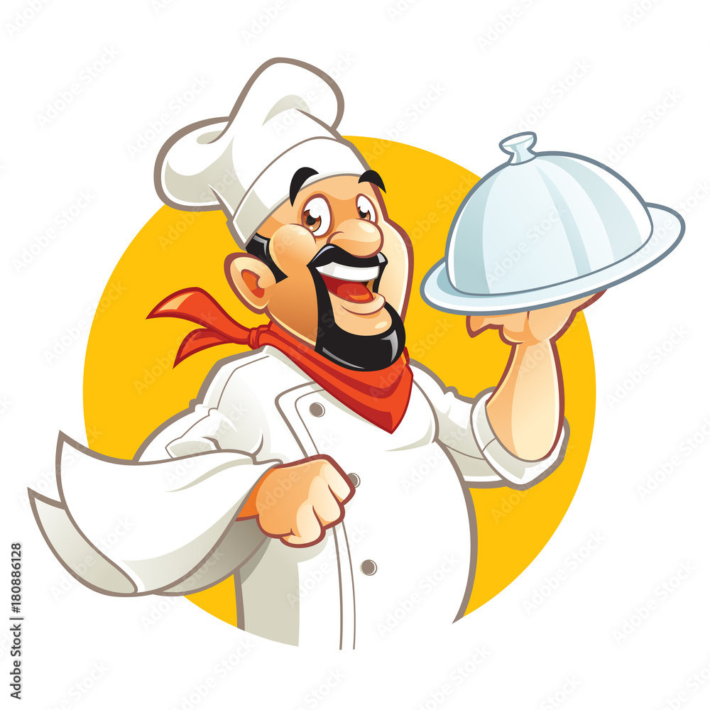 Smiling Chef cartoon character holding silver platter Smiling Chef cartoon character holding silver platter