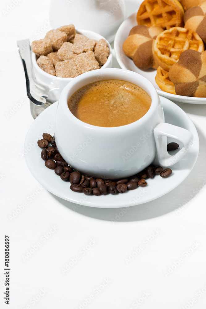 cup of coffee with sweets for dessert on white background, vertical cup of coffee with sweets for dessert on white background, vertical