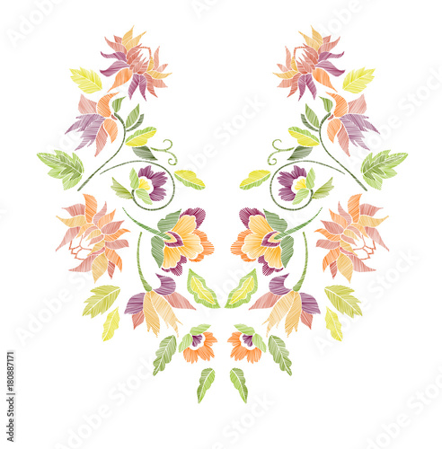 Floral pattern , neck line designs. Vector illustration hand drawn. Fantasy flowers embroidery pattern...