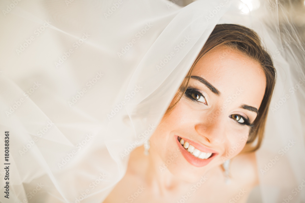 Gorgeous bride in robe posing and preparing for the wedding ceremony face in a room Gorgeous bride in robe posing and preparing for the wedding ceremony face in a room
