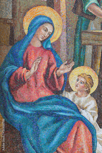 LONDON, GREAT BRITAIN - SEPTEMBER 17, 2017: The detail of Hl. Mary from the mosaic of Holy Family in St. Peter Italian church from 20. cent.