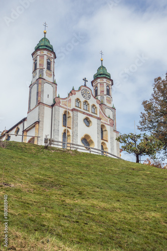 Looking up at the Church of the Holy Cross on the Calvary Hill, overlooking the Isar Valley and Bad Tolz