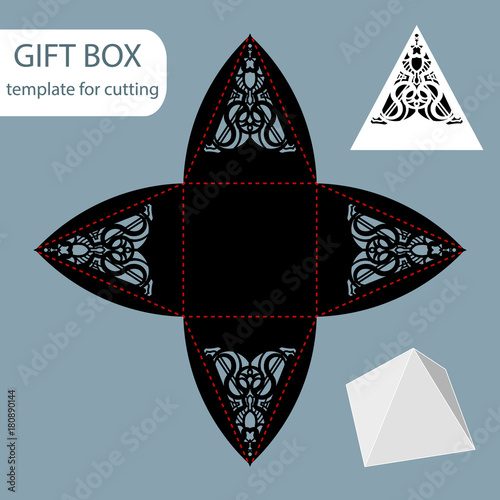 Paper gift box, lace pattern, pyramid with a square bottom, cut out template, packaging for retail, greeting packaging, can be laser cut, vector illustrations.
