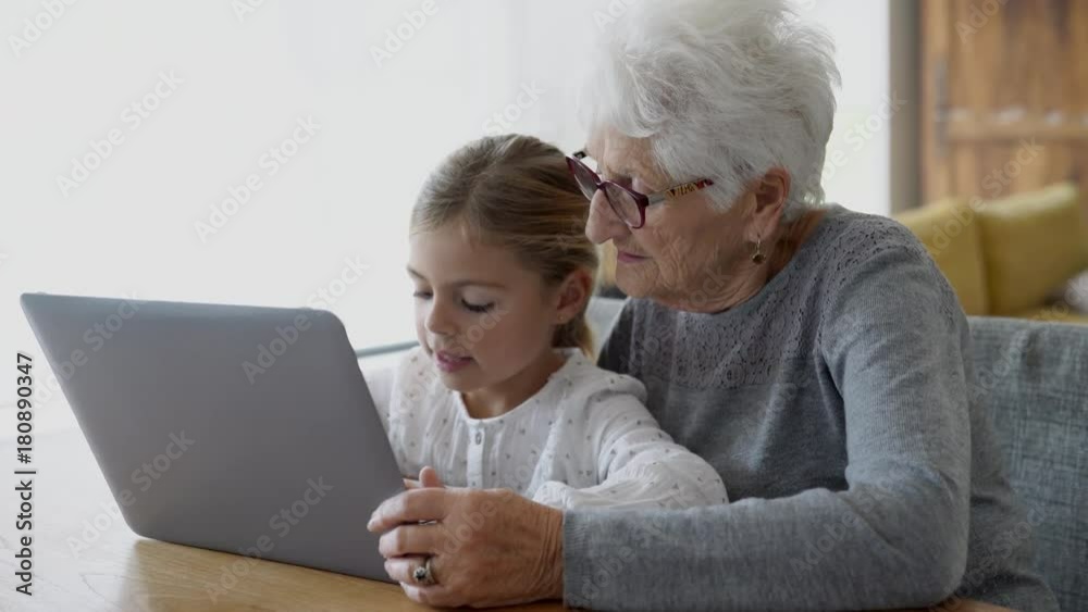 Little girl with grandmother using laptop computer
